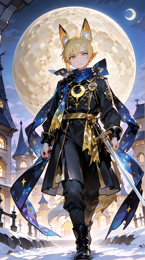 lovely boy ,  Close up of a sword and a man with a sword ,   blond hair left and right,  yellow triangle scarf wrapped around the neck,  black military uniform, bushy fox ears (Especially large), Inspired by Yang Jin , Moon themed costume , Astral Witch Co...