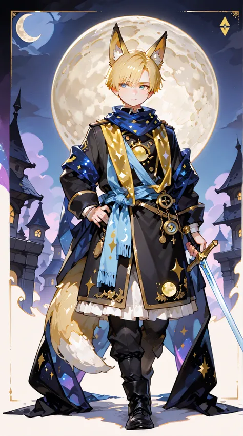 lovely boy ,  Close up of a sword and a man with a sword ,   blond hair left and right,  yellow triangle scarf wrapped around the neck,  black military uniform, bushy fox ears (Especially large), Inspired by Yang Jin , Moon themed costume , Astral Witch Co...