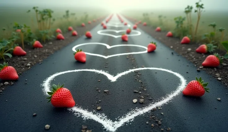 Asphalt in hearts and strawberries, painted with chalk