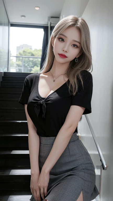 gray eyes, korean , summer black  fit shirt, ribbon tie, fit classic skirt, bright blonde, school stairs, going down school stairs, Pose that sticks out the chest, Pose showing off your chest, 8k RAW photo, High resolution,  cool korean, very big round bre...