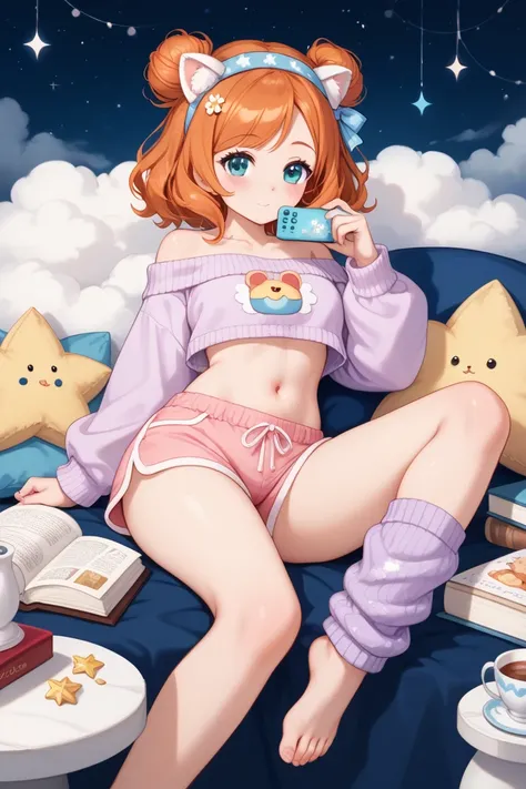 For a "Home Alone" (casual, cozy, yet playful) inspired outfit for Orihime Inoue, while keeping her navel and feet visible, here’s the design:

Top

A loose, cropped sweater in warm colors like soft orange, beige, or pastel pink, giving off a cozy, relaxed...