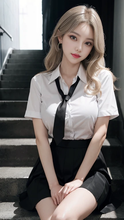 gray eyes, korean , summer black  fit shirt, ribbon tie, fit classic skirt, bright blonde, school stairs, going down school stairs, Pose that sticks out the chest, Pose showing off your chest, 8k RAW photo, High resolution,  cool korean, very big round bre...