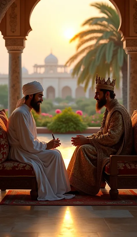 A tranquil evening on the spacious veranda of a grand mansion. The warm, golden hues of the setting sun illuminate the scene, casting soft, elongated shadows across the polished floor. Two figures sit on an ornate wooden sofa, adorned with richly embroider...