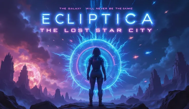 A high-impact cinematic thumbnail design for the sci-fi film "Ecliptica: The Lost Star City". The central focus is a glowing blue and purple energy field erupting in the foreground, symbolizing the activation of an ancient defense system. In the background...