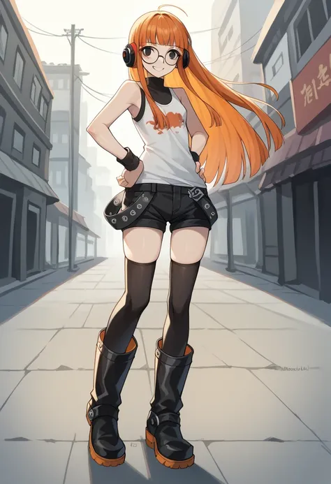  score_9,  score_8_arriba,  score_7_arriba,   source  _ anime BREAK 1 girl , Alone ,  futabadef,  orange hair,  long hair,  blunt bangs , glasses, choke,  black eyes ,  headphones behind the head ,  white,  of footl verde,   with bare shoulders,  black sho...