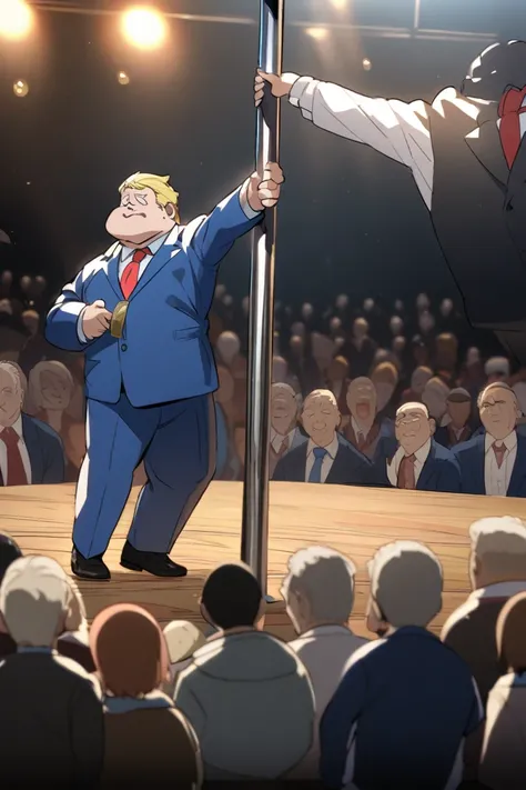 Overweight older white guy with blonde hair, blue suit and red tie is pole dancing on a stage, there some people around watching giving money