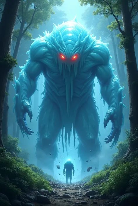 Create Yu-Gi-Oh  & Magic the Gathering a giant and terrifying light blue slime with translucent red eyes in a forest