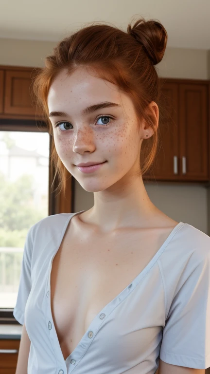 15years old girl, auburn hair, freckles, hairbun, very slim, petite, pretty, small smile, no bra, loose unbuttoned shirt, view down shirt, bent over