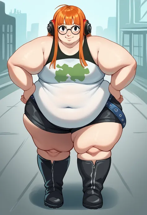  score_9,  score_8_arriba,  score_7_arriba,   source  _ anime BREAK 1 girl (big fat body),, Alone ,  futabadef,  orange hair,  long hair,  blunt bangs , glasses, choke,  black eyes ,  headphones behind the head ,  white,  of footl verde,   with bare should...