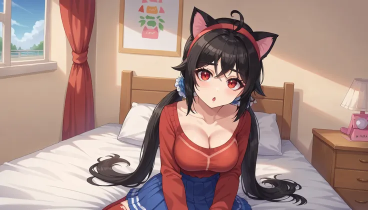 score_9, score_8_up,sharp focus,, absurdres, highres, illustration, mi_ta, 1girl, , junkotvvxl ((cat girl, cat ears)), (red eyes), (long hair), (( black hair, (Ahoge), straight bangs,)),, braids hair, hairband, scrunchie, blouse, skirt, red stockings, CLE...