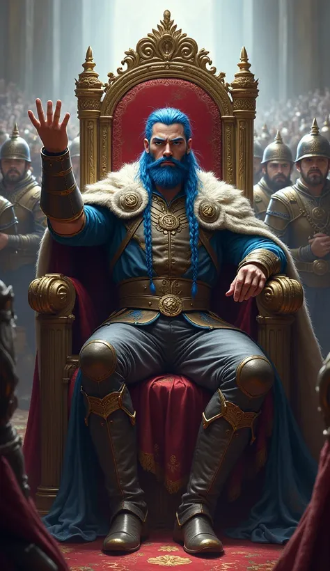 A warrior of his hair is blue and his eyes blue face and above him a crown sitting on the throne raising his hand in the soldiers 