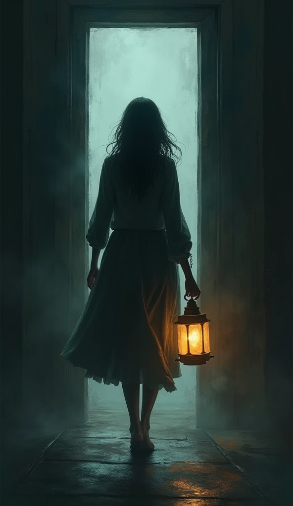 The protagonist with her back to the reader, walking toward the mirror with a lamp in hand,  as if he were about to cross it.