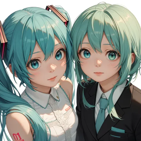 masterpiece, best quality, high quality, ultra detailed, finely detailed, 8k, 4k, detailed face, beautiful face, perfect face, ((2girls)), gumi, megpoid, vocaloid, miku, hatsune miku, white background, empty background, full body, suit, formal dress, forma...