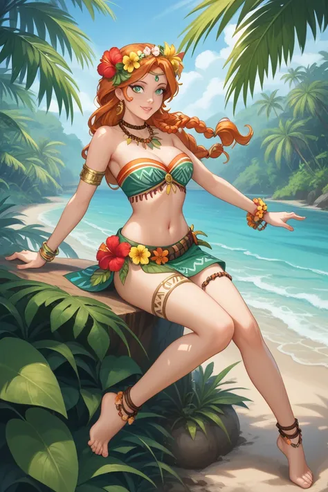 For a jungle party-inspired outfit for Orihime Inoue, while keeping her navel and feet visible, here’s the design:

Top

A coconut brown or deep green, cropped bandeau top, made of light, breathable fabric, perfect for a tropical setting and exposing her n...