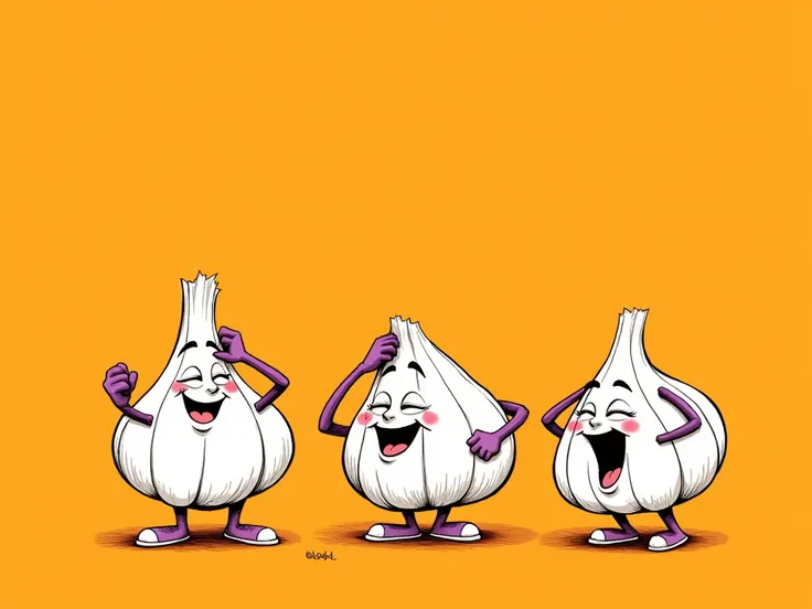 Make a garlic, laughing, And another thoughtful one with a hand on his head, drawing style, excited, Pumpkin color solid background