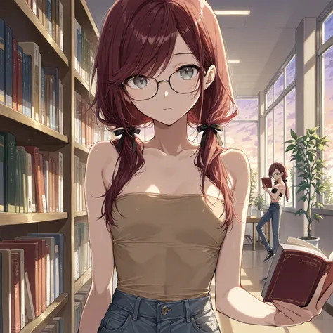  (Masterpiece, best quality), intricate details, stoic ,((gray eyes, swept bangs)), thin,swept bangs, dark red hair, low twin tails, hair ribbons, glasses, beige strapless top with pocket, jeans, ((long swept bangs)), small breasts, toned arms,reading book...