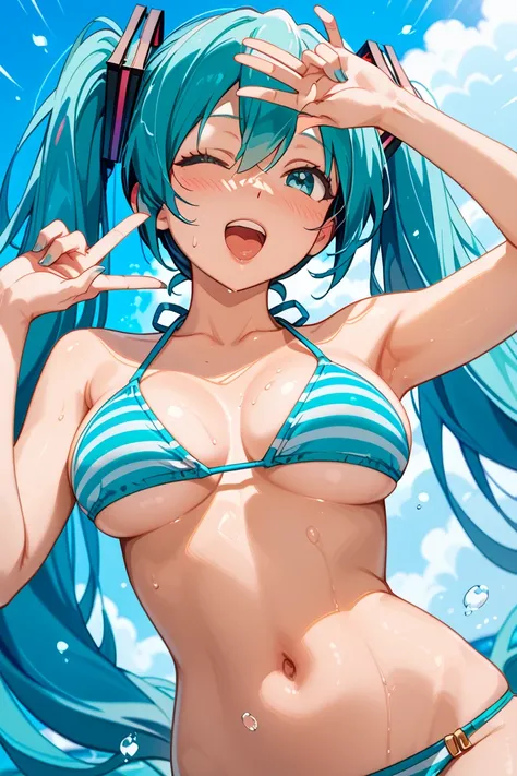   High Quality  、  No posts   、masterpiece、1 person、woman 、     Hatsune Miku 、   Bikini、Teal and white horizontal striped bikini、 Midsummer、Seaside、  Lots of splashes、    Provocative face 、   sweats a lot、   create a perfect body line       、    Make an an...