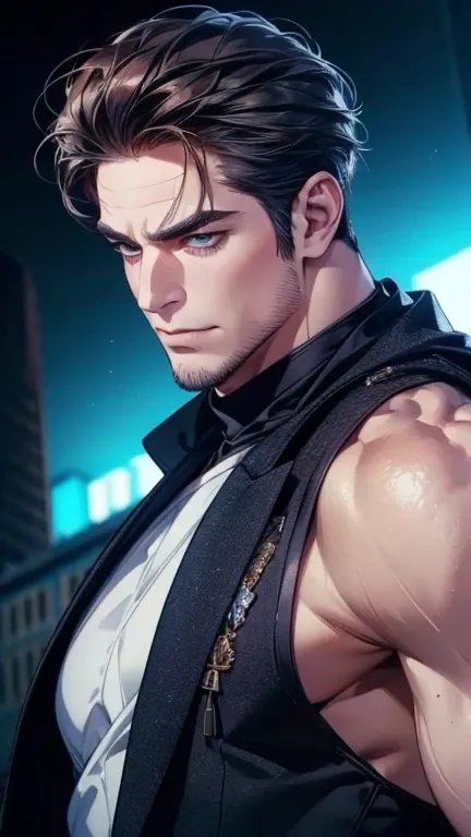 (  stupid,4K,8k,  highres,  masterpiece:1.2),  ultra-detailed,(realistic,photorealistic,photo-realistic:1.37),36-year-old man,3 day beard,cute anime ,Portraits,strong,Masculine,  dark hair,sharp jaw,    mesmerizing eyes    ,  perfectly combed hair,  cool a...