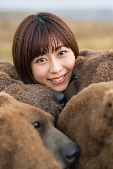  Super Fine、 up of her face 、 and she has a smile showing her teeth,  dress to interact with bears,The background is the plains、   high image quality、細部にわたって  high image quality,I'm wearing a 