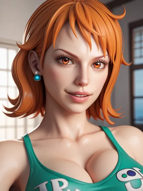 close up of a Nami from One piece, Orange hair, Orange eyes, with a very big booy body, extremely detailed artgerm, cinematic bust shot, 8k high quality detailed art, detailed digital anime art, photorealistic anime girl render, hyper realistic anime, artg...