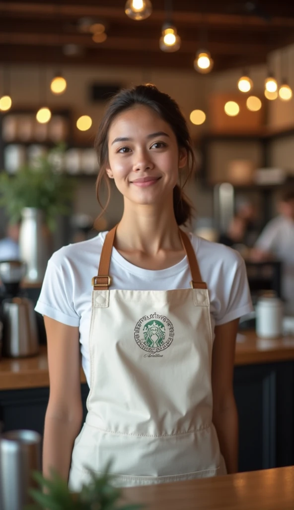 Sandra wearing an apron from a coffee shop and in the back there is a blurry coffee shop.