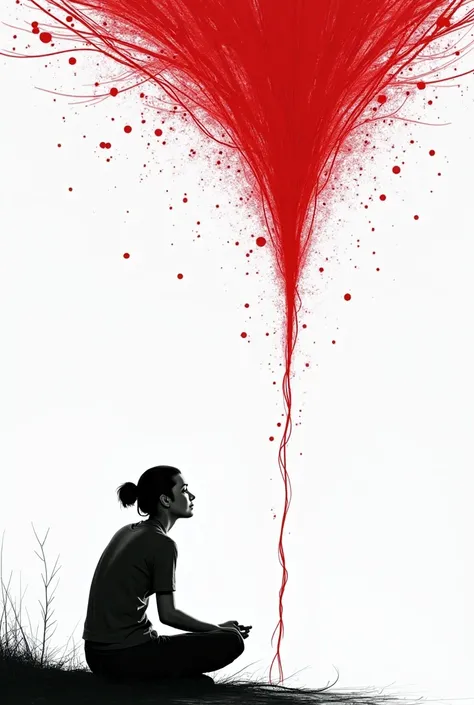 Black and white drawing of a woman sitting on the floor with her back watching in the sky many red threads of destiny, She wears one that comes out of her left hand but it's broken.