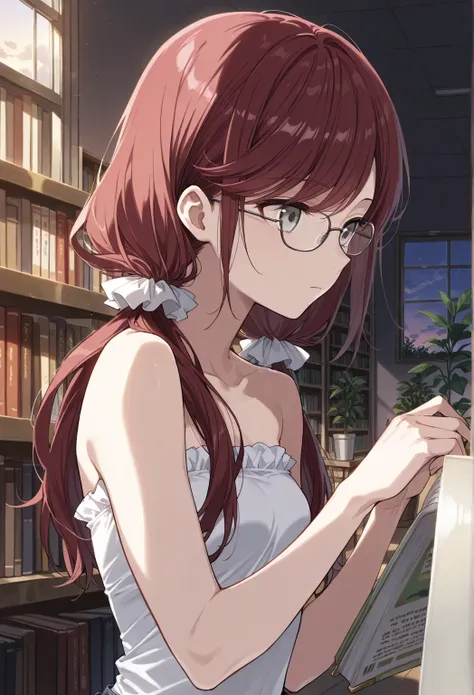  (Masterpiece, best quality), intricate details, stoic ,((gray eyes, swept bangs)), thin,swept bangs, dark red hair, low twin tails, hair ribbons, glasses, white strapless top, jeans, ((long swept bangs)), small breasts, toned arms,reading book in library,...