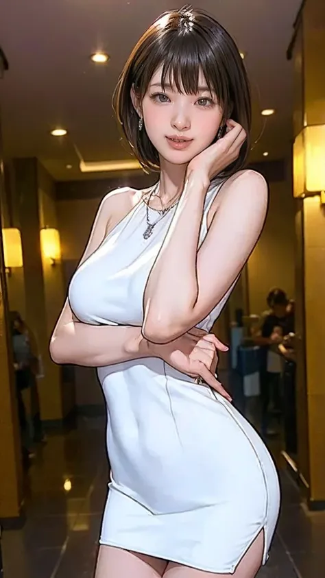  best image quality, super real,RAW, anatomically correct,8k, 1 girl completely naked,Age 25, beauty, long lashes,Sexy Makeup,White, beautiful skin, black long straight hair,(smile:1.3), slim body,(( big breasts)), thin legs, white knit dress, silver neckl...