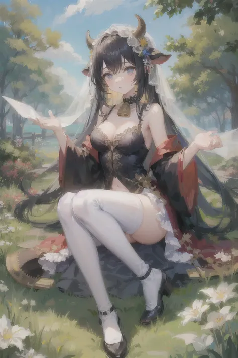  masterpiece,1 girl,Alone , incredibly absurd ,veil,only, cow horns ,  long hair,cowbell, white stockings,garden,grass,all_Four