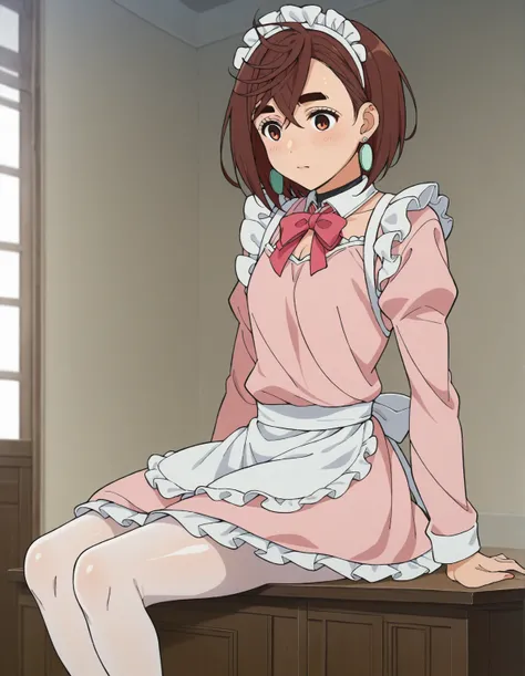  score_9,  score_8_ up the side,  score_7_ up the side,  source_Anime, Ayase Momo,  short hair,  brown hair,  brown eyes, bangs,  thick eyebrows,  medium boobs, Anime screencap,,  viewers ,  ((( pink maid clothes  ,))), ((  Shiny Skin)) (((  white pantyhos...