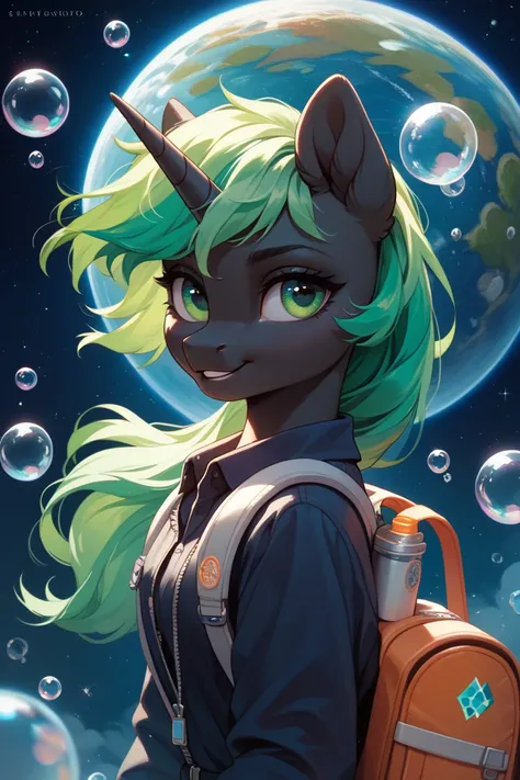 Black pony unicorn. Bright green mane,  green eyes. The pony is wearing a backpack and a bubble on his head. She's on an asteroid, around space