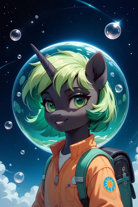 Black pony unicorn. Bright green mane,  green eyes. The pony is wearing a backpack and a bubble on his head. She's on an asteroid, around space