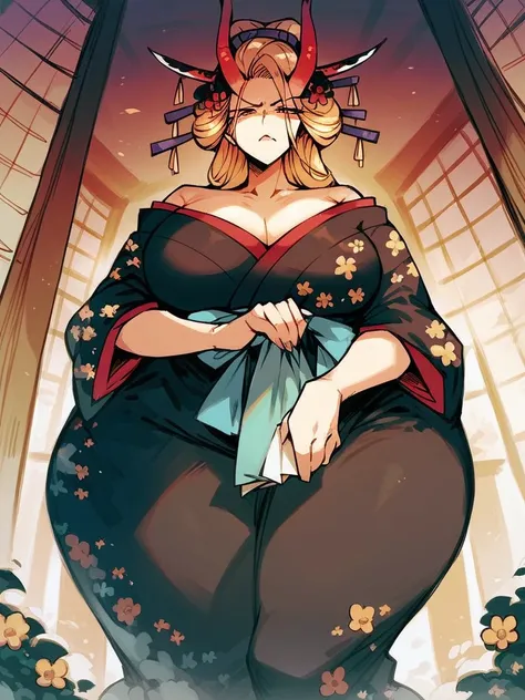 Female,milf, blonde, two horn, black kimono with flower, red horn, gigantic boobs, gigantic ass, japanese house door, serious face, front view, standing tall, holding 1 paper,