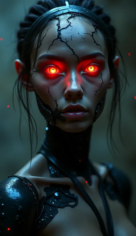 portrait of a woman with half mechanical face and cyborg eyes, glowing red cyber eye, cracked skin, high quality, high details, sharp focus, high contrast, shining and sparkling, dark colors, beautiful girl face, full body, leg, arms, torso, human skin che...