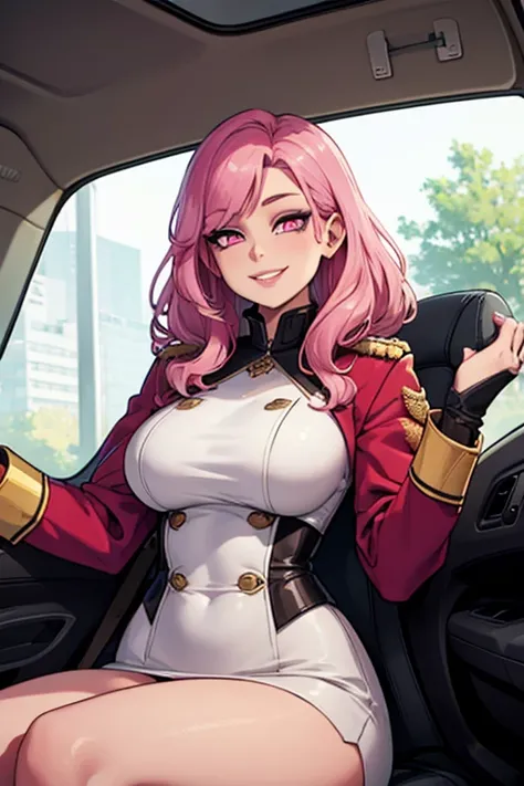 Perfect face. Perfect hands. A pink haired woman with violet eyes with an hourglass figure in an army uniform is sitting in a hummer with a big smile