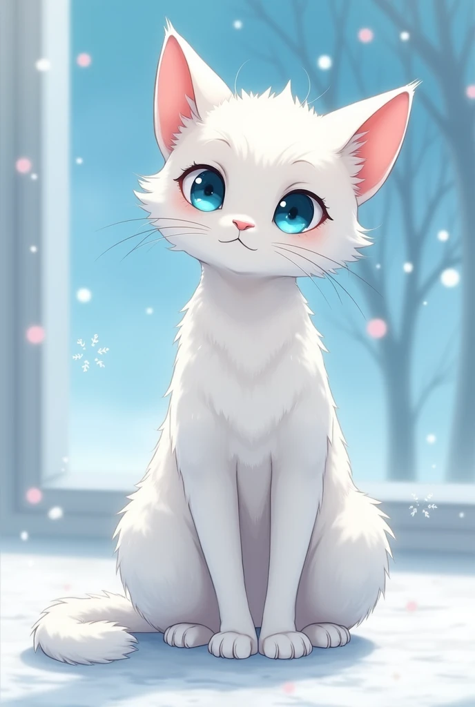  anime style. A cat with a snow-white coat and blue eyes. Humonoid body and non-secretive face