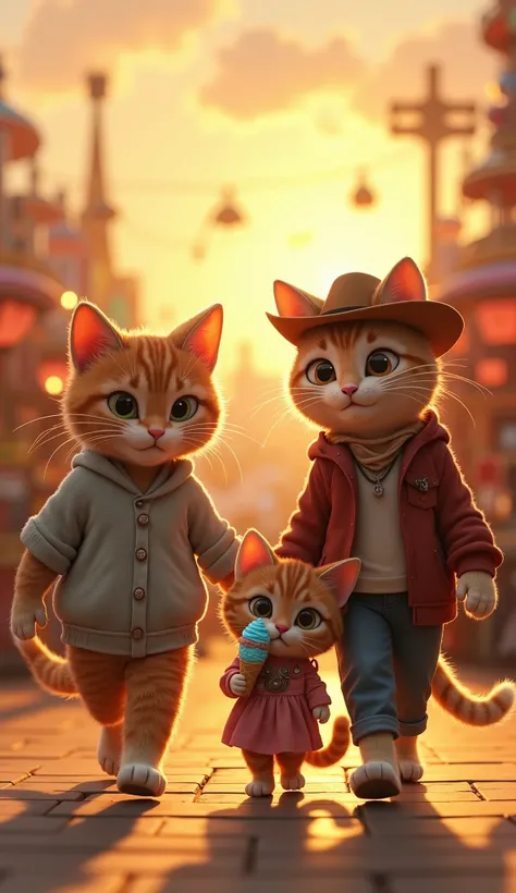 photorealistic A family of anthropomorphic cats, including a mother cat, a father cat and a kitten, are strolling in an amusement park. The mother cat wears a sweatshirt, the father cat is dressed as a cowboy and the kitten is dressed in a cute outfit hold...