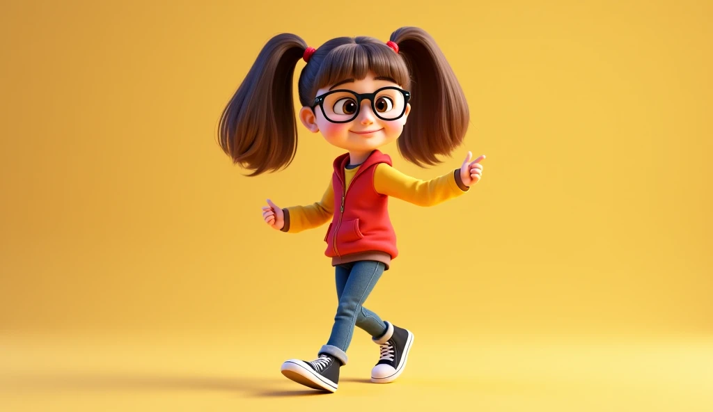  s,  straight brown hair tied in two ponytails, with bangs,  Clear skin, Brown eyes, wearing glasses, Wearing yellow cacharrel with red vest,  jeans,and black sneakers, She is dancing,From Alone and Happy Pixar style