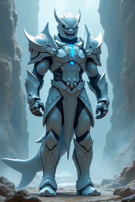  epic armor for a human being, She is made of a very white large shark with blue details