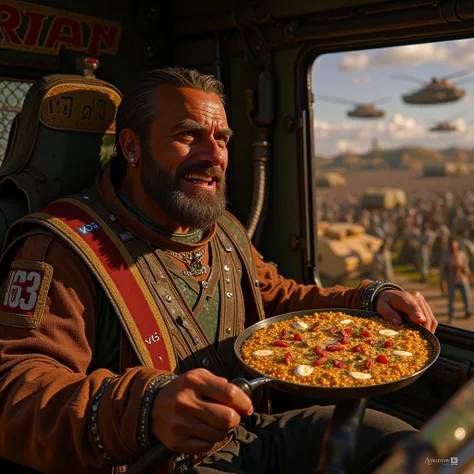 unrealistic character ,  video game strong 50 years old he drives a truck in a post-apocalyptic world .  He has a short beard for 3 days, short brown hair and a big smile showing his teeth.  He is eating a Valencian paella while driving .  On his clothes y...