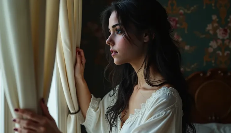  close up beautiful woman in a medieval room opens the curtains of her window dressed as a white sleepyhead, You can see her delicate hands and her long, loose black hair she looks with horror at her bedside table 