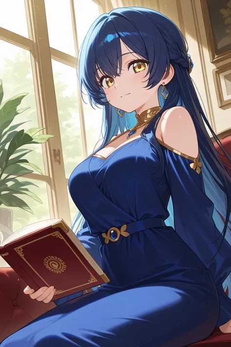 An adult lady who appearances is as beautiful with her lovely golden eyes and medium length dark blue hair. She wore a dress that is suitable of a lady from a powerful household from the noble society and well educated. Her style almost similar to a prince...