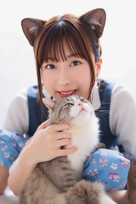   Masterpiece, 4K, Bokeh, (  cute:1.5), (  beautiful girl:1.3), (  Japanese idol:1.6), (Cat ears:1.3) , (  school uniform :1.3),  (I like cats  :1.6),   blushed, close, (眠っている  cute白猫を抱っこする :1.5), (Kiss a cat:1.3), (  white background :1.4), 