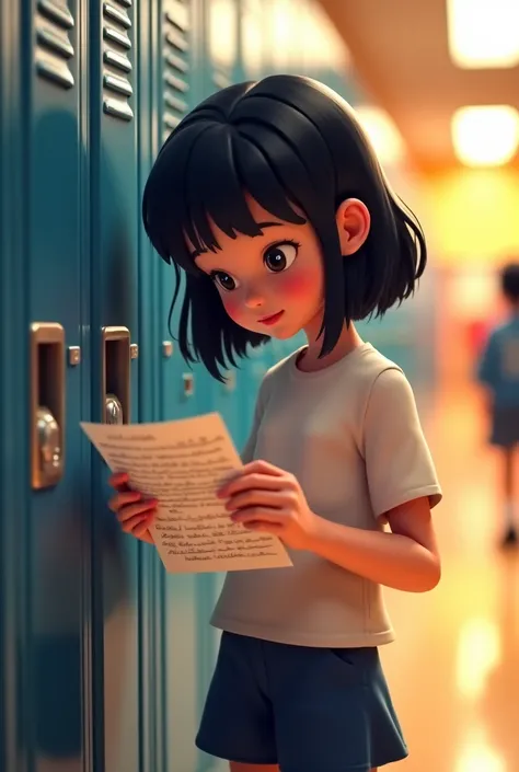 Next to a high school locker, a young girl with medium-length black hair with slightly disheveled hair is reading a hand-written letter in 3D style.