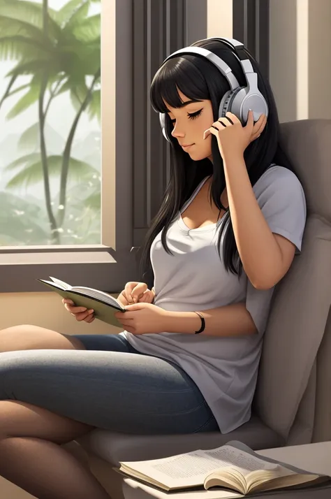 Create a scene of a 20-year-old latina sitting studying, Listening to music on headphones, In a quiet and relaxing environment, Curvy black hair, sitting studying, like lofi girl, Gazing at the horizon, At brigth day after rain, Characters with lots of det...