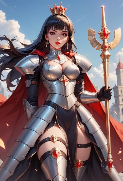 [1mulher, metallic,  longsword, plate armor,  black hair ,  hair hurricane,  red eye ,  long dress , armored dress, (boobplate),  big boobs,  mini crown on the head , chest plate, skindantation,  decorative armor ,  Separate breasts , thigh boots, , red ca...