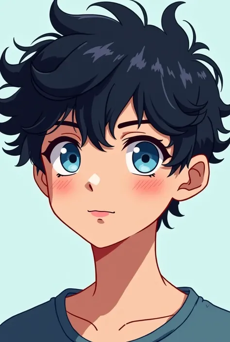 Create image of guy with blue eyes and curly hair anime style