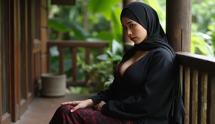 a beautiful, buxom widow from Indonesia, is in sadness, sitting in front of her porch, she is wearing a headscarf. but wearing tight clothes, so that her cleavage is visible