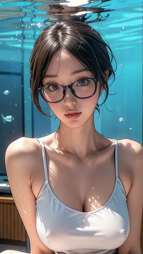  photorealistic,RAW,  super real, best image quality,( anatomically correct:1.3), ( one Japanese woman),( Details),( detailed hands), long, slender eyes, Neutral Face , long lashes,light makeup,( surprised expression sitting underwater:1.3),( black rimmed ...