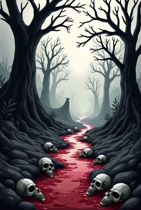 dark and gloomy cartoon with macabre trees, horror scene, Half-buried bodies, Bones scattered on the floor,  skulls and skeletons thrown into the river of blood,  color black and white 